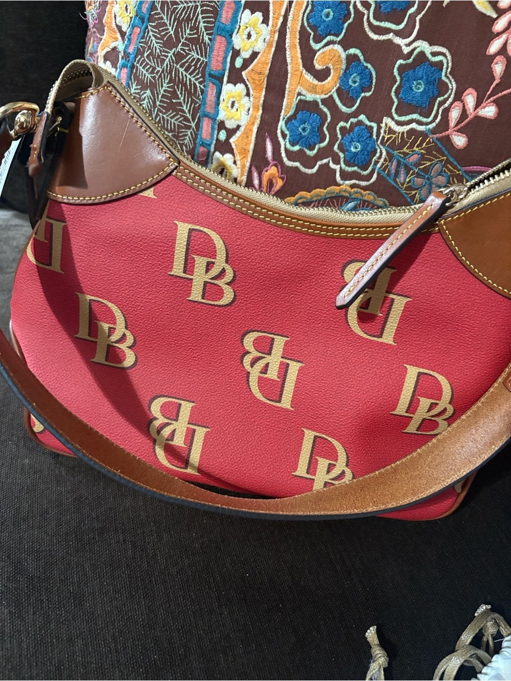 Dooney & Bourke Red Logo Crescent Shoulder Bag with Brown Trim